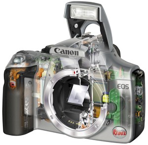 Digital cameras, such as this Canon Rebel, use CMOS or CCD sensors developed originally for space probes.