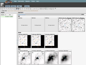 The return window in IRSA Finder Chart. It is displaying the same coordinates (which are typed in) for DSS, 2MASS, and WISE. In this case the IR source is a planetary nebula surrounding the target star.