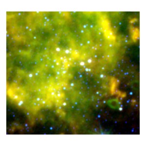 NGC 663 in infrared wavelengths. I created this composite image by combining the WISE 1 (3.4 microns), WISE 3 (12 microns), and WISE 4 (@@ microns) data as Blue, Green, and Red channels, respectively, in Adobe Photoshop.