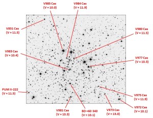 NGC 663 with prominent variable stars labeled. The only HMXB I have found from my research so far is V831 in the upper left.