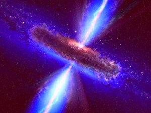 Artist's depiction of a supermassive black hole, such as those at the heart of active galaxies. If we view along the jets emanating from the magnetic poles, the object appears as a blazar.
